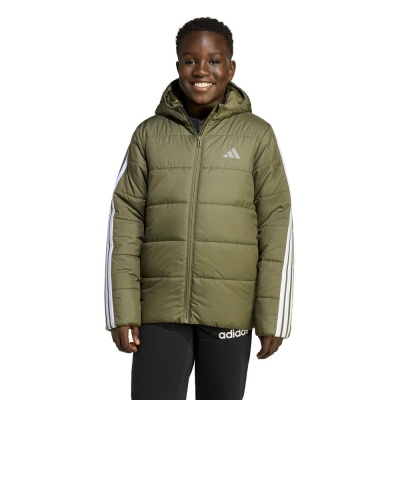 Giubbino Giubbotto Adidas Essentials 3 Stripes J cappuccio Ragazzi Verde Oliva - Adidas Essentials 3 Stripes J Hooded Jacket Boys Olive Green - Veste à capuche Adidas Essentials 3 Stripes J pour garçon, vert olive - Adidas Essentials 3 Stripes J Kapuzenjacke Jungen Olivgrün