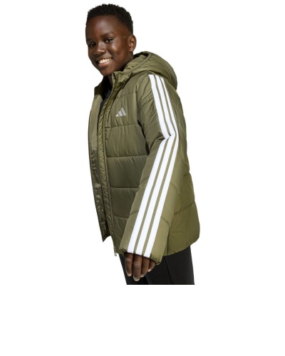 Giubbino Giubbotto Adidas Essentials 3 Stripes J cappuccio Ragazzi Verde Oliva - Adidas Essentials 3 Stripes J Hooded Jacket Boys Olive Green - Veste à capuche Adidas Essentials 3 Stripes J pour garçon, vert olive - Adidas Essentials 3 Stripes J Kapuzenjacke Jungen Olivgrün