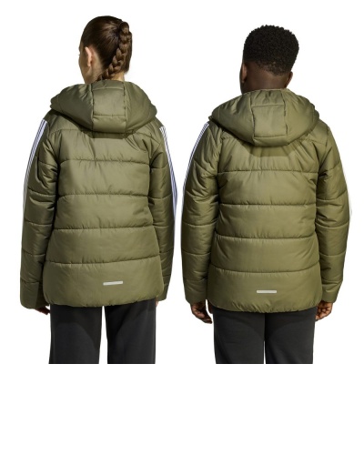 Giubbino Giubbotto Adidas Essentials 3 Stripes J cappuccio Ragazzi Verde Oliva - Adidas Essentials 3 Stripes J Hooded Jacket Boys Olive Green - Veste à capuche Adidas Essentials 3 Stripes J pour garçon, vert olive - Adidas Essentials 3 Stripes J Kapuzenjacke Jungen Olivgrün