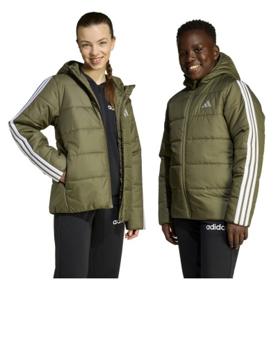 Giubbino Giubbotto Adidas Essentials 3 Stripes J cappuccio Ragazzi Verde Oliva - Adidas Essentials 3 Stripes J Hooded Jacket Boys Olive Green - Veste à capuche Adidas Essentials 3 Stripes J pour garçon, vert olive - Adidas Essentials 3 Stripes J Kapuzenjacke Jungen Olivgrün