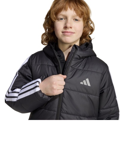 Giubbino Giubbotto Adidas Essentials 3 Stripes J cappuccio Ragazzi Nero - Adidas Essentials 3 Stripes J Hooded Jacket Boys Black - Veste à capuche Adidas Essentials 3 Stripes J pour garçon, noire - Adidas Essentials 3 Stripes J Kapuzenjacke Jungen Schwarz