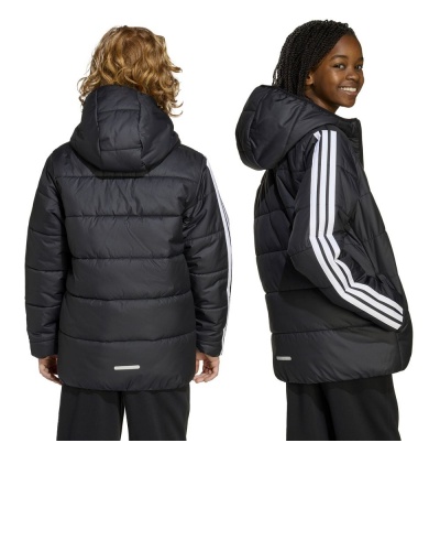 Giubbino Giubbotto Adidas Essentials 3 Stripes J cappuccio Ragazzi Nero - Adidas Essentials 3 Stripes J Hooded Jacket Boys Black - Veste à capuche Adidas Essentials 3 Stripes J pour garçon, noire - Adidas Essentials 3 Stripes J Kapuzenjacke Jungen Schwarz
