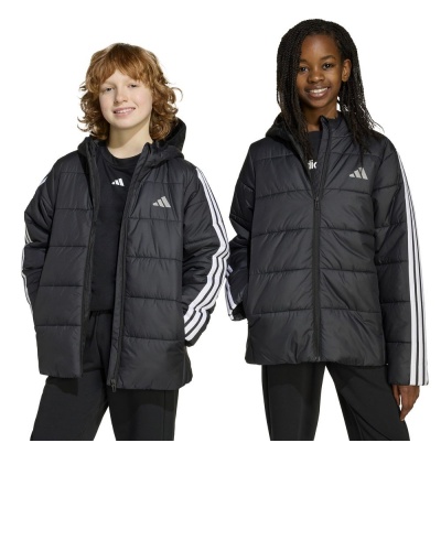 Giubbino Giubbotto Adidas Essentials 3 Stripes J cappuccio Ragazzi Nero - Adidas Essentials 3 Stripes J Hooded Jacket Boys Black - Veste à capuche Adidas Essentials 3 Stripes J pour garçon, noire - Adidas Essentials 3 Stripes J Kapuzenjacke Jungen Schwarz