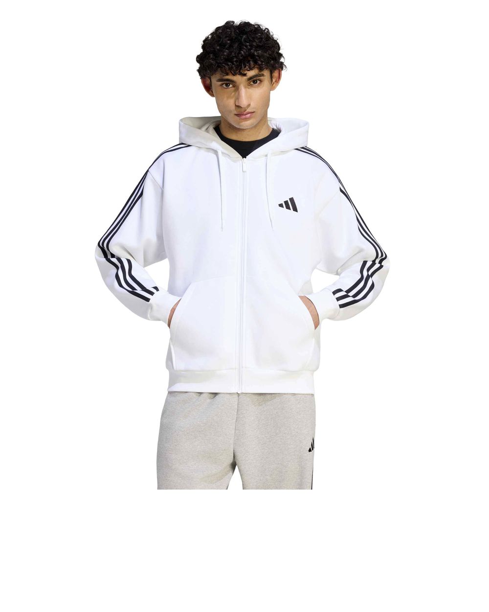 Hoodie Jacket MENS Adidas White Essentials 3-Stripes FLEECE Full Zip Cotton