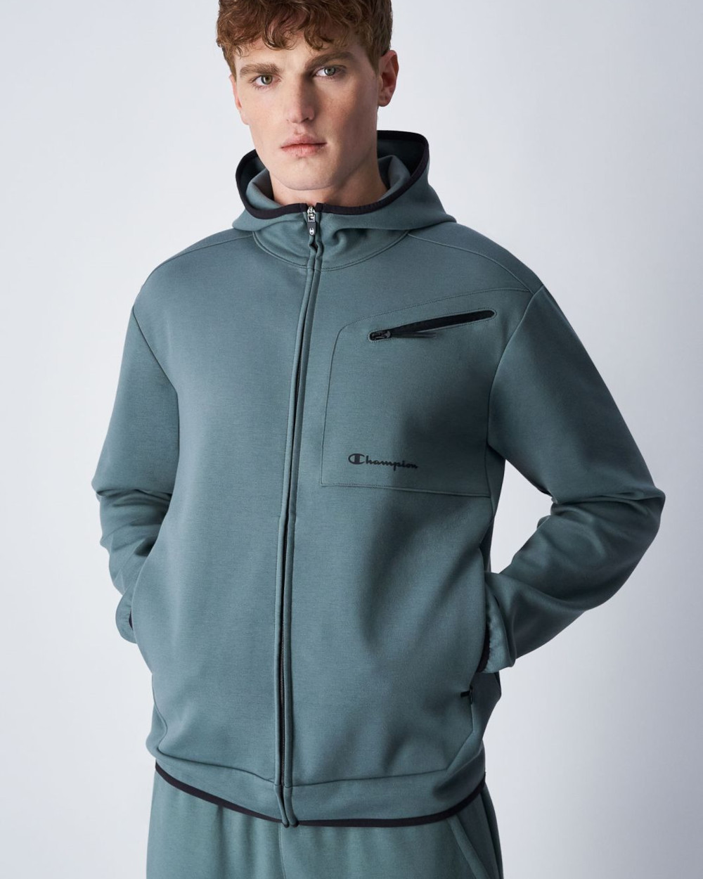 Giacca full zip Felpa cappuccio UOMO Champion Verde AMERICAN TECH