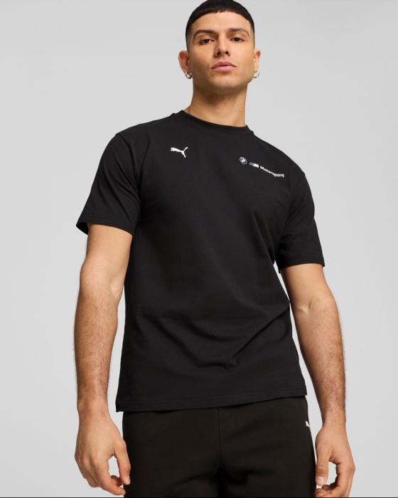 maglia maglietta T-shirt BMW MotorSport Essential Logo Tee  maniche corte girocollo cotone uomo Nero - BMW MotorSport Essential Logo Tee Short Sleeve Crew Neck Cotton Men's Black T-Shirt - T-shirt noir à manches courtes et col rond en coton avec logo BMW MotorSport Essential pour homme - BMW Motorsport Essential Logo T-Shirt, Kurzarm, Rundhalsausschnitt, Baumwolle, Herren, Schwarz
