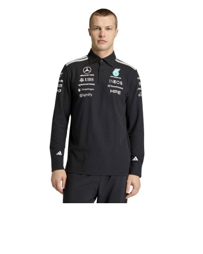 Polo maglia Mercedes PETRONAS FORMULA 1 TEAM ENGINEERS maniche Lunghe Cotone Uomo 2026 Nero - Mercedes PETRONAS FORMULA 1 TEAM ENGINEERS Long Sleeve Cotton Polo Shirt Men 2026 Black - Polo à manches longues en coton noir Mercedes PETRONAS FORMULA 1 TEAM ENGINEERS pour homme, collection 2026 - Mercedes PETRONAS FORMEL 1 TEAM ENGINEERS Langarm-Poloshirt aus Baumwolle für Herren, Schwarz, 2026
