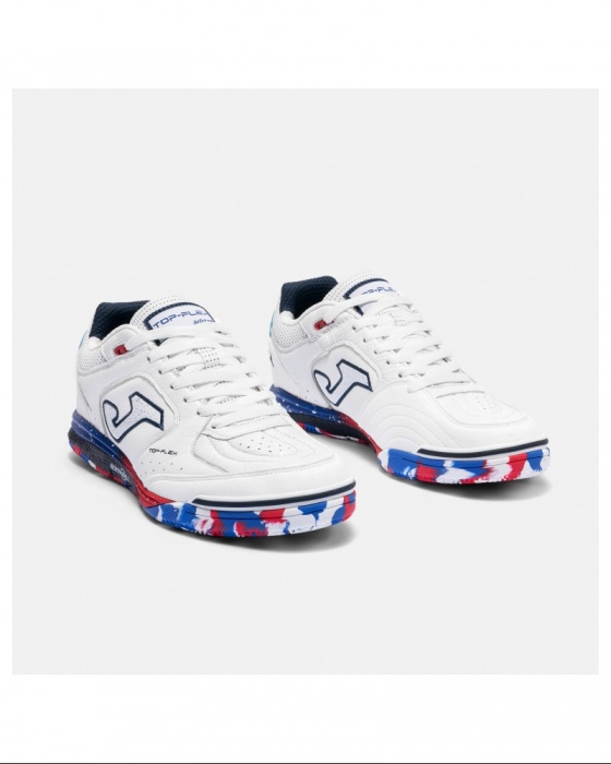 Scarpe Calcetto Joma Top Flex 2602 REBOUND Indoor sala Futsal vera pelle Uomo Bianco Blue Rosso - Football Futsal boots Cleats Joma Top Flex 2602 REBOUND Indoor Genuine Leather Mens White Blue Red - Chaussures de futsal Joma Top Flex 2602 REBOUND Indoor en cuir véritable pour homme, blanches, bleues et rouges. - Joma Top Flex 2602 REBOUND Hallenfußballschuhe/Futsalschuhe aus echtem Leder, Herren, Weiß, Blau, Rot