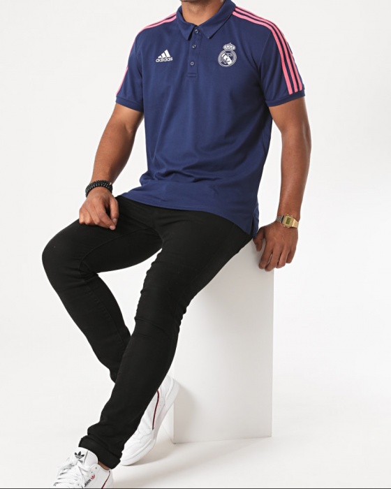 Real Madrid Adidas Polo Maillot HOMME Blue Coton 3 Stripes ...